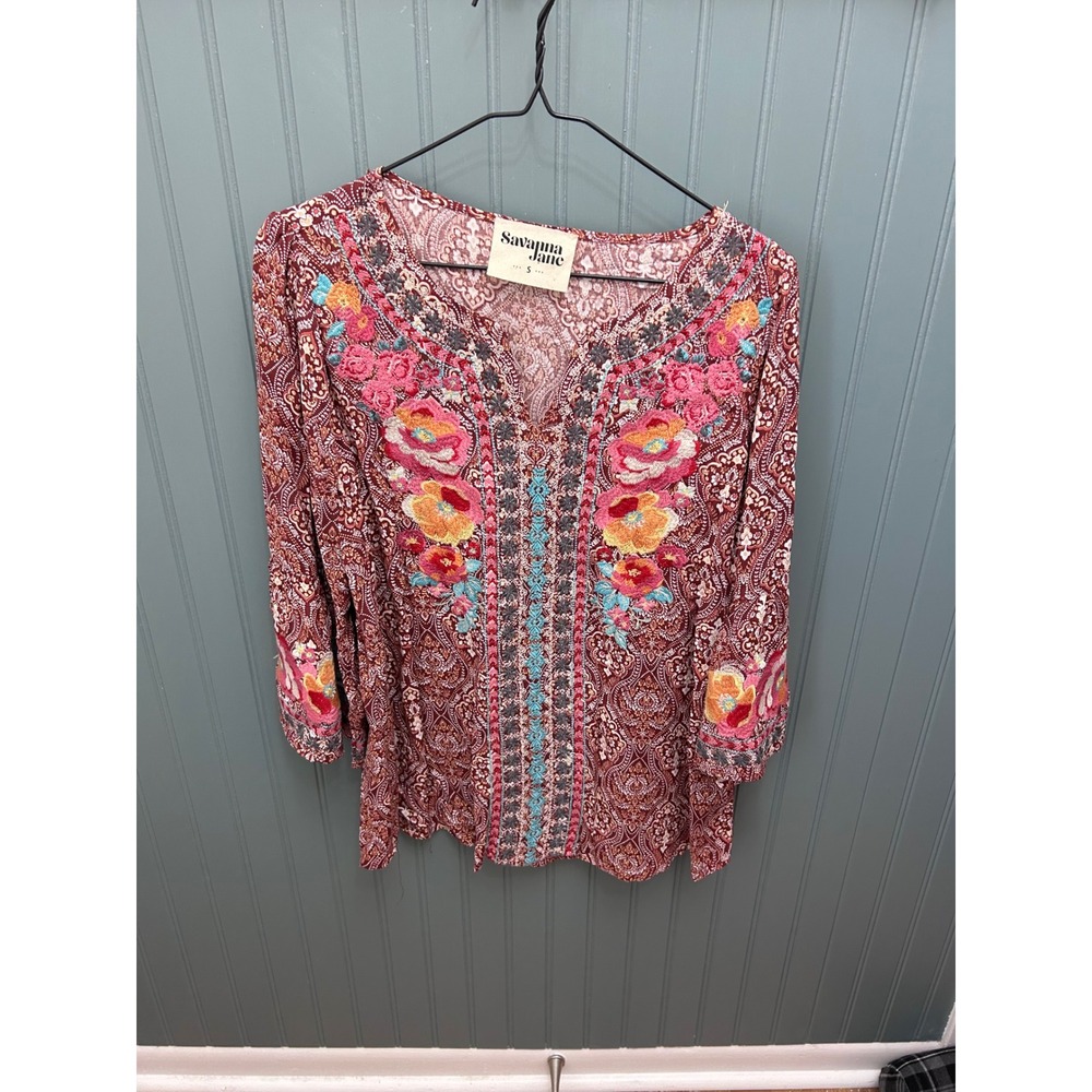 Savanna Jane Burgundy Paisley Floral Embroidered Boho Blouse Small 12884-10